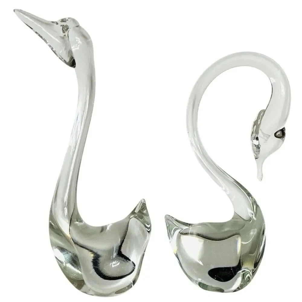 Vintage MCM Pair of Clear Hand Blown Glass Swans Smooth Pontil Quality Versatile